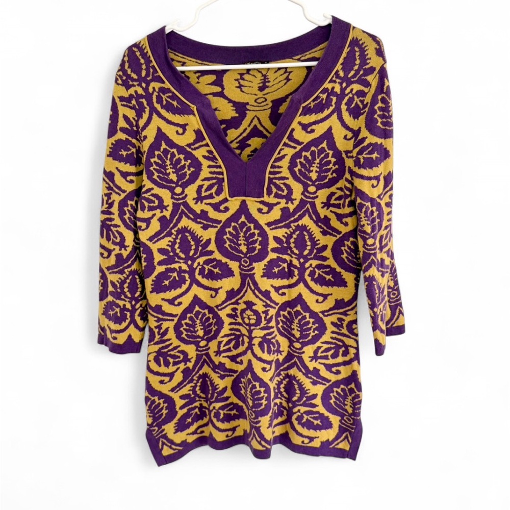 J. McLaughlin Sweater Pullover Purple Yellow Long Sleeve M Geometric Kaftan Prin